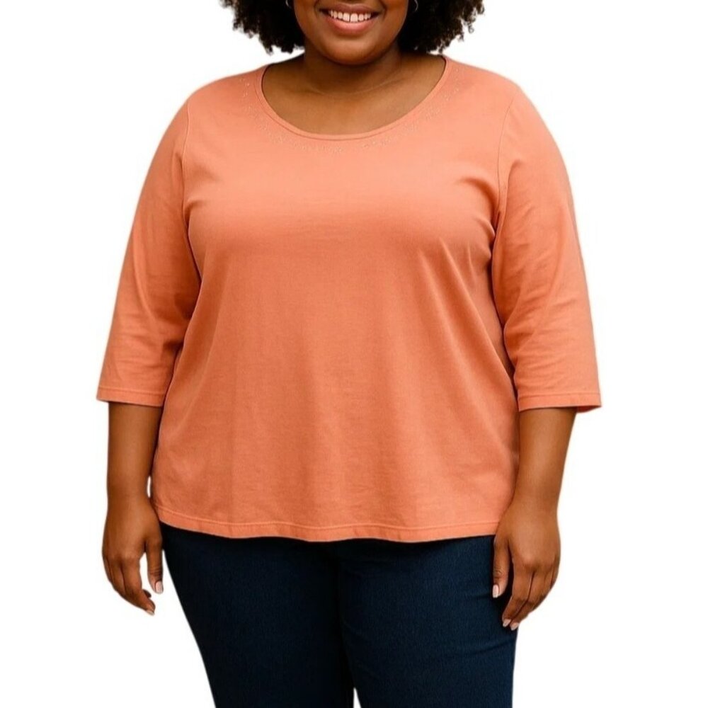 Lane Bryant Size 18/20W Top Coral 3/4 Sleeve Rhinestone Embellishment Modern Fit
